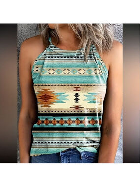 Women’s Summer Tank Top Aqua Blue GreenTribal Southwestern Cowgirl Bohemian